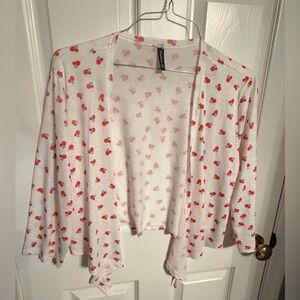 PrinStory Lightweight White Cherry Print Open Self Tie Front Cardigan, XL